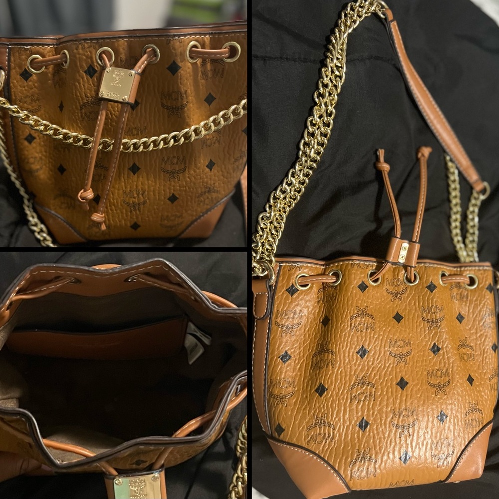 Mini mcm purse tan with black lettering